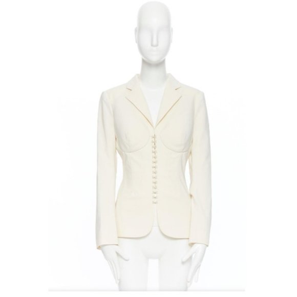 PREOWNED $2K LA PERLA SS17 RUNWAY CORSET CREAM STRETCH WOOL BLAZER IT 46C US 10 - Picture 5 of 15